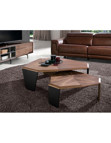 Mesa centro asimétrica nogal y pvc negro