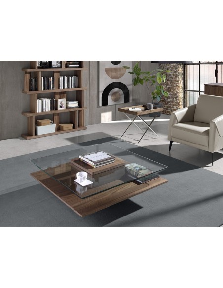 Mesa centro cuadrada cristal templado y nogal