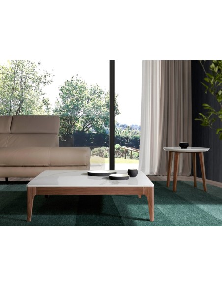 Mesa centro cuadrada mármol porcelánico y nogal