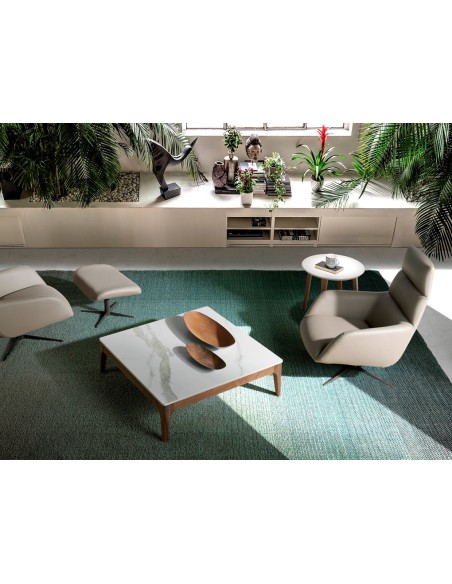 Mesa centro cuadrada mármol porcelánico y nogal