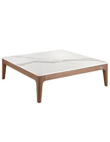 Mesa centro cuadrada mármol porcelánico y nogal