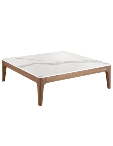 Mesa centro cuadrada mármol porcelánico y nogal