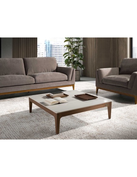 Mesa centro cuadrada mármol porcelánico y nogal