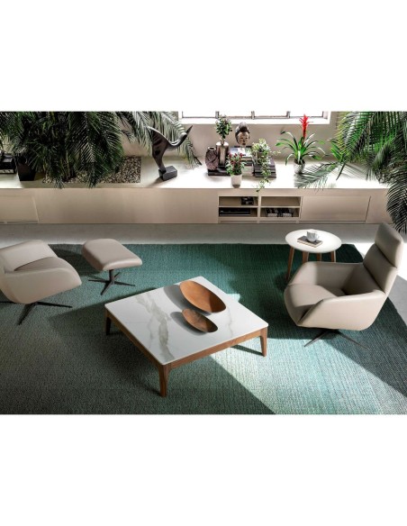 Mesa centro cuadrada mármol porcelánico y nogal