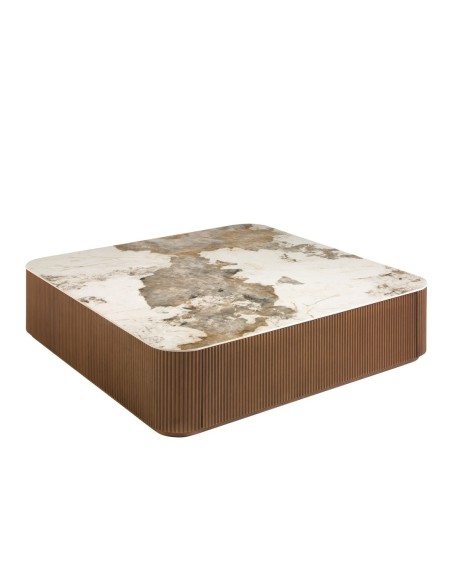 Mesa centro cuadrada mármol porcelánico y nogal