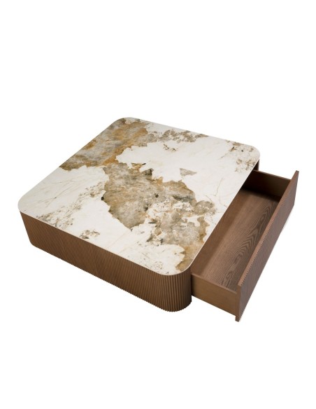 Mesa centro cuadrada mármol porcelánico y nogal