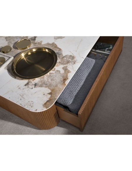 Mesa centro cuadrada mármol porcelánico y nogal