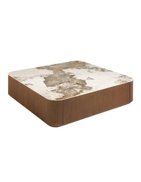 Mesa centro cuadrada mármol porcelánico y nogal