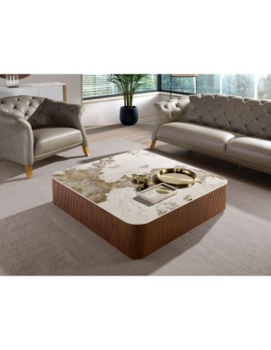 Mesa centro cuadrada mármol porcelánico y nogal