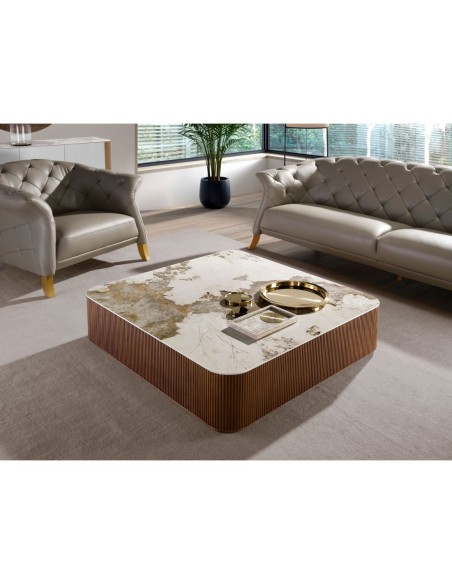 Mesa centro cuadrada mármol porcelánico y nogal