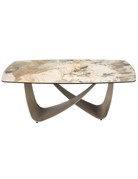 Mesa centro ovalada barril mármol porcelánico y acero taupé metalizado