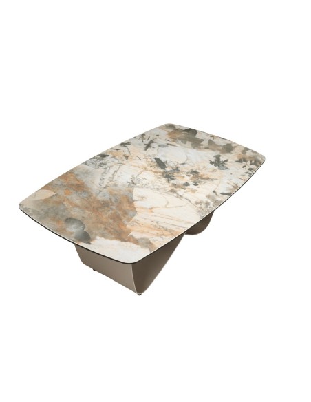 Mesa centro ovalada barril mármol porcelánico y acero taupé metalizado