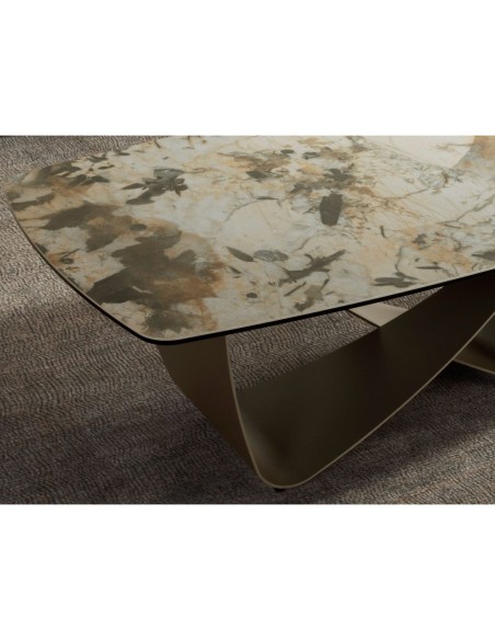 Mesa centro ovalada barril mármol porcelánico y acero taupé metalizado