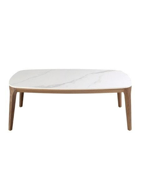 Mesa centro ovalada barril mármol porcelánico y nogal