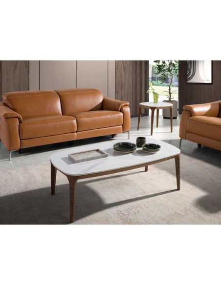 Mesa centro ovalada barril mármol porcelánico y nogal