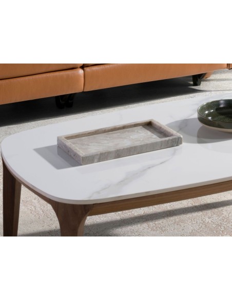 Mesa centro ovalada barril mármol porcelánico y nogal