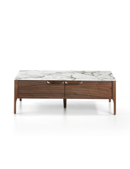 Mesa centro rectangular cristal imitación mármol y nogal