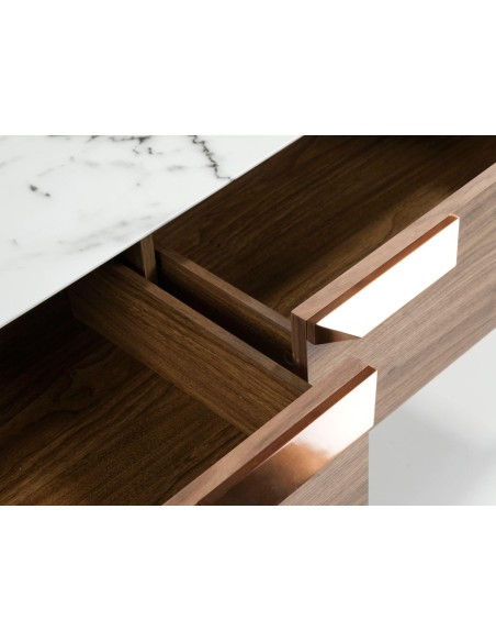 Mesa centro rectangular cristal imitación mármol y nogal