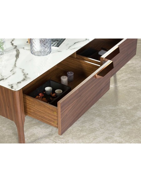 Mesa centro rectangular cristal imitación mármol y nogal