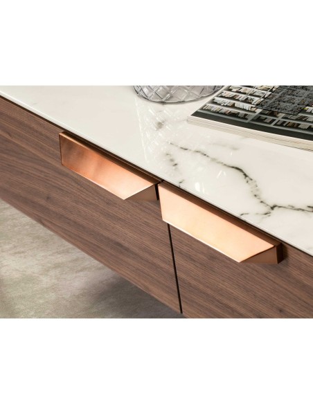 Mesa centro rectangular cristal imitación mármol y nogal