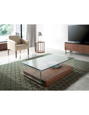 Mesa centro rectangular cristal templado y nogal