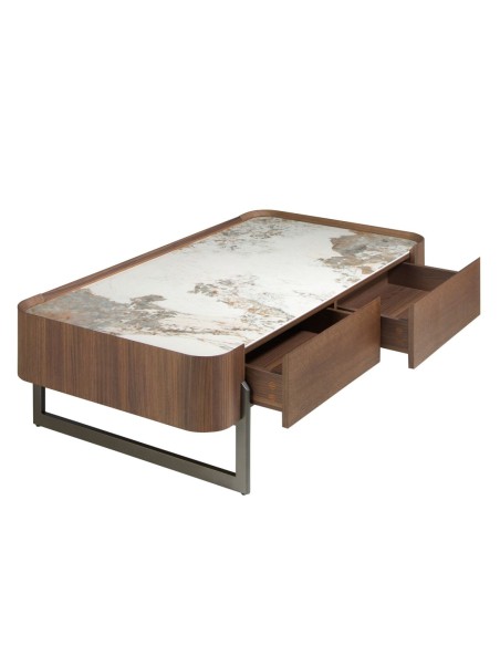 Mesa centro rectangular mármol porcelánico, nogal y acero visón metal