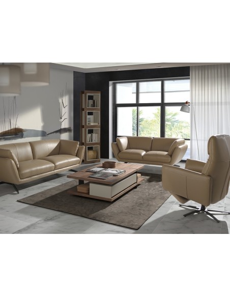 Mesa centro rectangular nogal, madera beige y acero negro