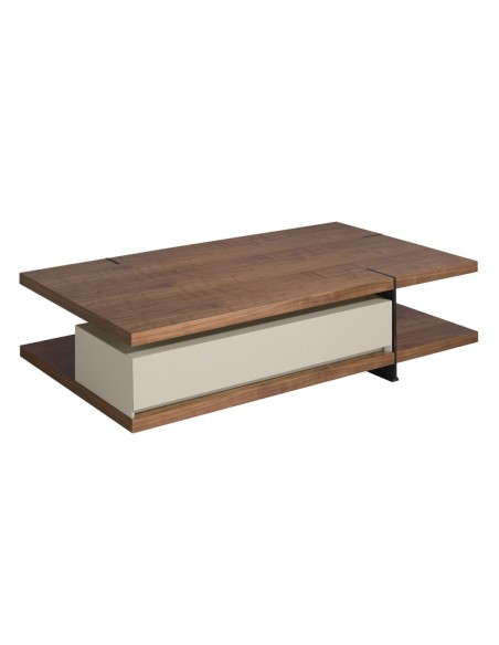 Mesa centro rectangular nogal, madera beige y acero negro