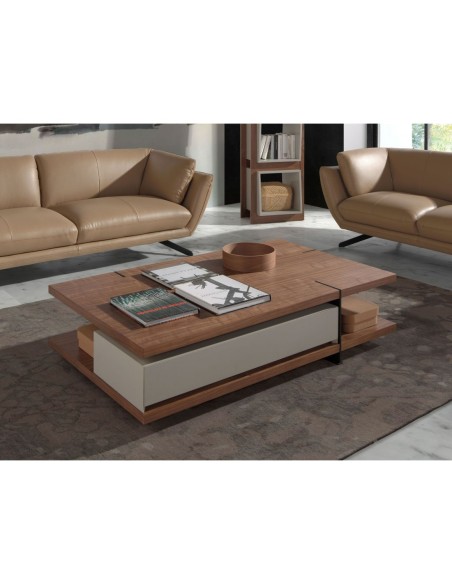 Mesa centro rectangular nogal, madera beige y acero negro