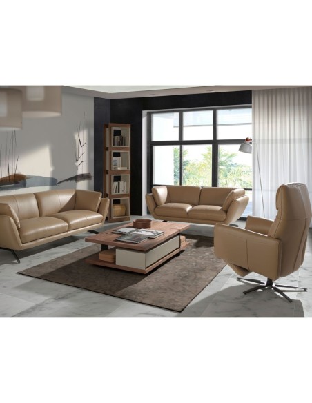 Mesa centro rectangular nogal, madera beige y acero negro