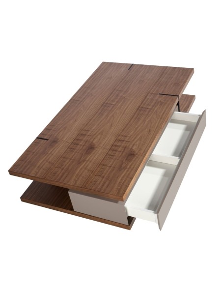 Mesa centro rectangular nogal, madera beige y acero negro