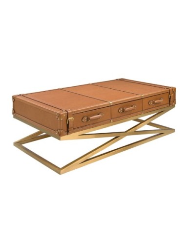 Mesa centro rectangular piel y acero dorado