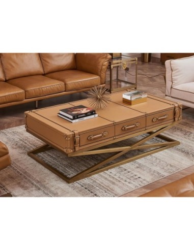 Mesa centro rectangular piel y acero dorado