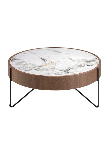 Mesa centro redonda mármol porcelánico, nogal y acero negro