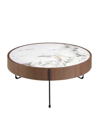 Mesa centro redonda mármol porcelánico, nogal y...