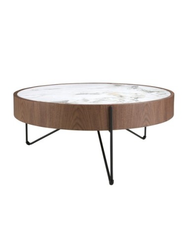 Mesa centro redonda mármol porcelánico, nogal y...