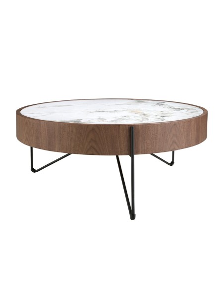 Mesa centro redonda mármol porcelánico, nogal y acero negro