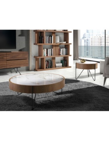 Mesa centro redonda mármol porcelánico, nogal y...