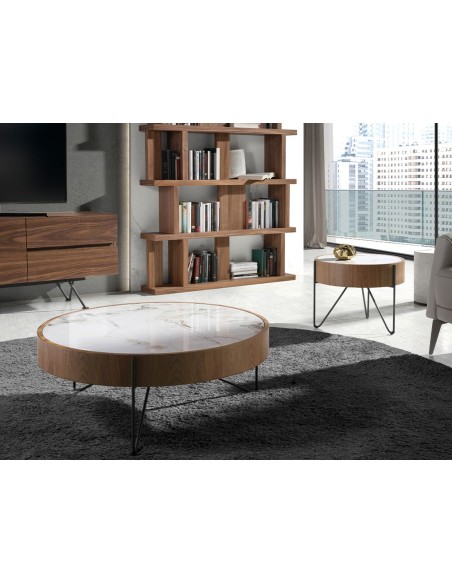 Mesa centro redonda mármol porcelánico, nogal y acero negro