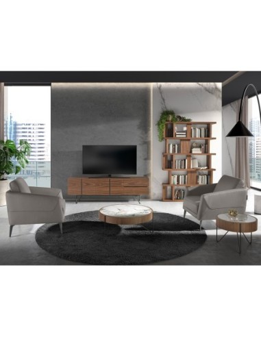 Mesa centro redonda mármol porcelánico, nogal y...