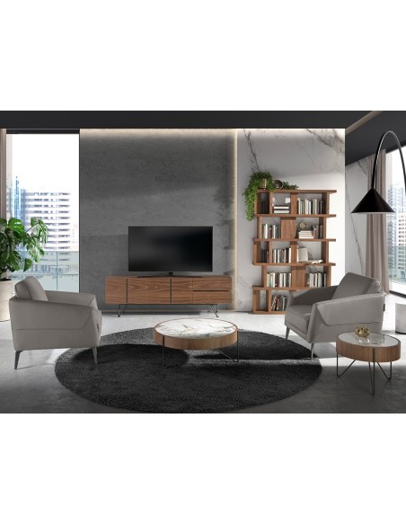 Mesa centro redonda mármol porcelánico, nogal y acero negro