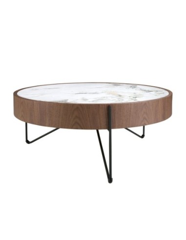 Mesa centro redonda mármol porcelánico, nogal y...