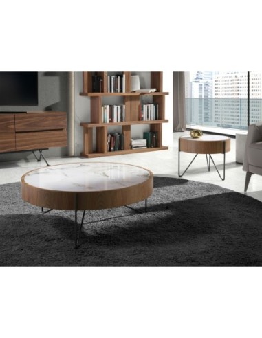 Mesa centro redonda mármol porcelánico, nogal y...