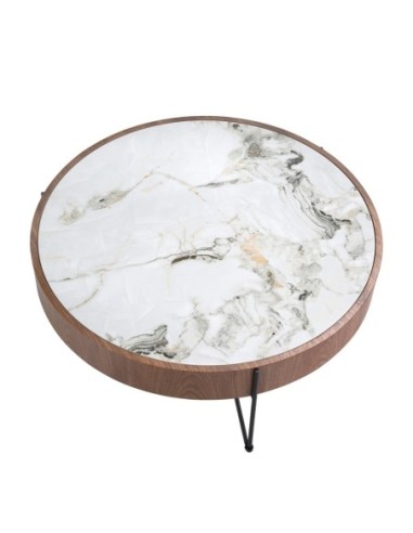 Mesa centro redonda mármol porcelánico, nogal y...