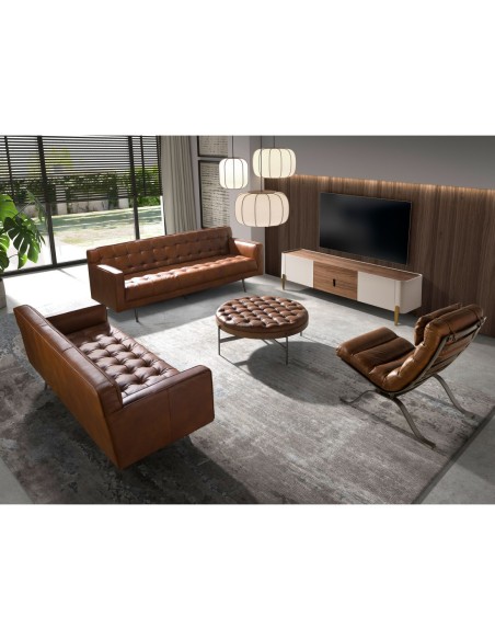 Mesa centro redonda piel color marrón oscuro, nogal y acero oscuro