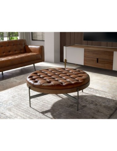Mesa centro redonda piel color marrón oscuro,...