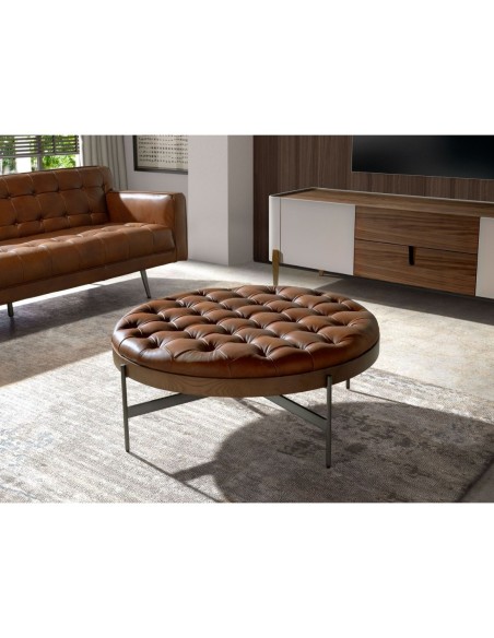 Mesa centro redonda piel color marrón oscuro, nogal y acero oscuro