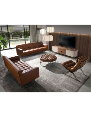 Mesa centro redonda piel color marrón oscuro,...