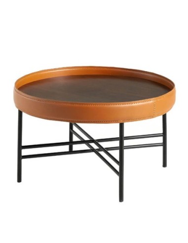 Mesa centro redonda polipiel, nogal y acero negro