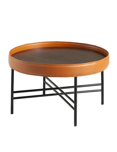 Mesa centro redonda polipiel, nogal y acero negro